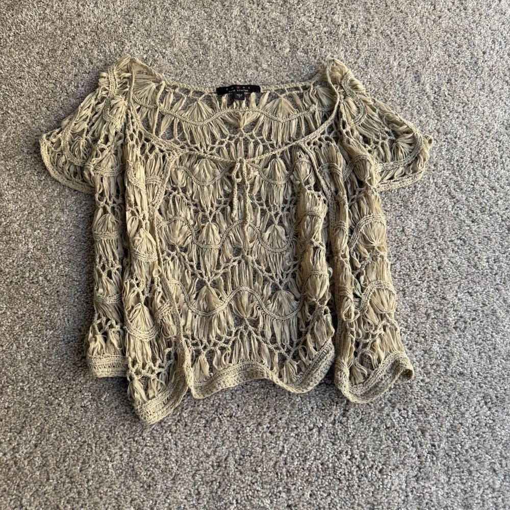 Y2K Fever Blouse Womens L Beige Hand Crochet Short Sleeve Sheer Boho Summer Top